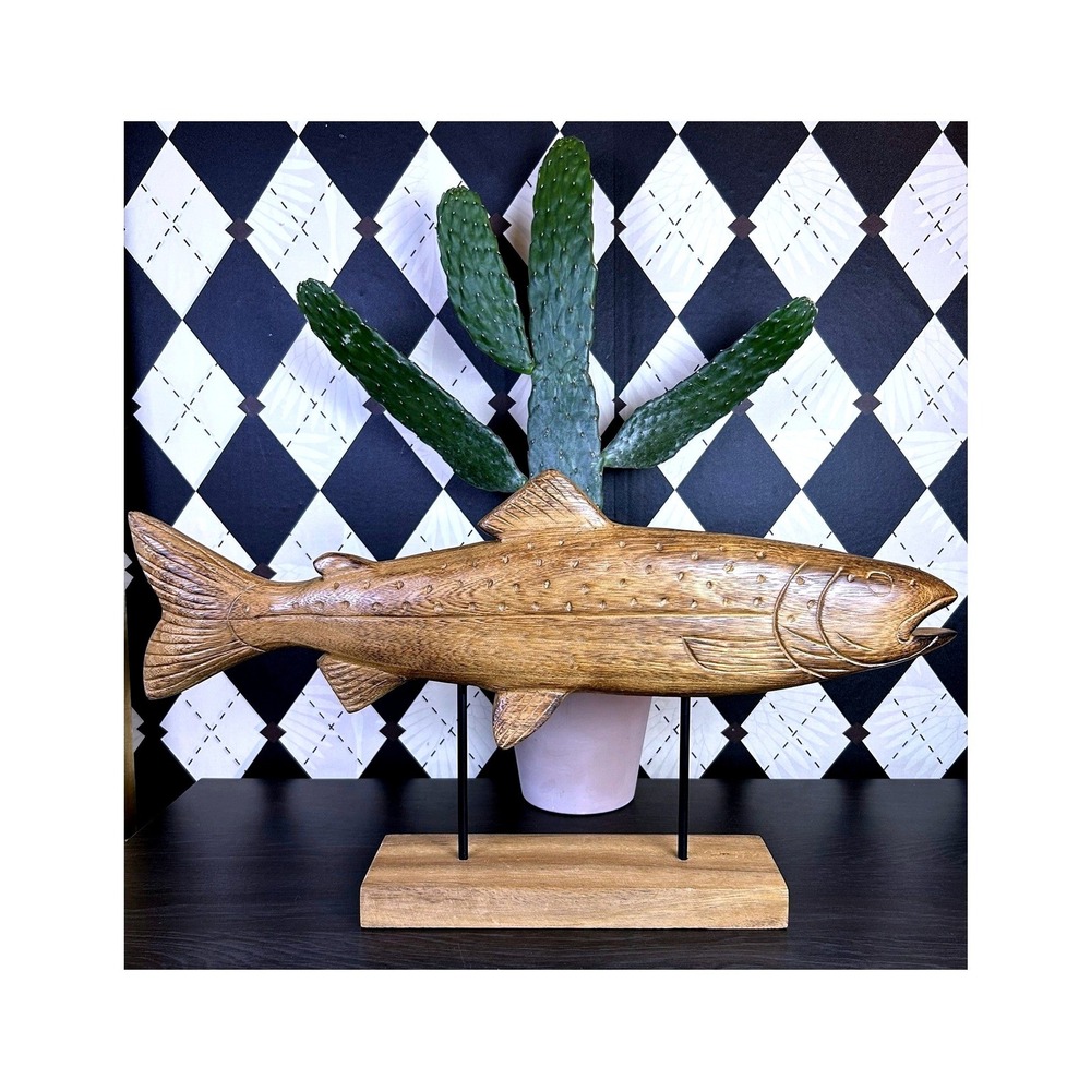 Large 20" Hand Carved Wood Fish Sculpture on Stand Coastal Lodge Decor 20 Inch